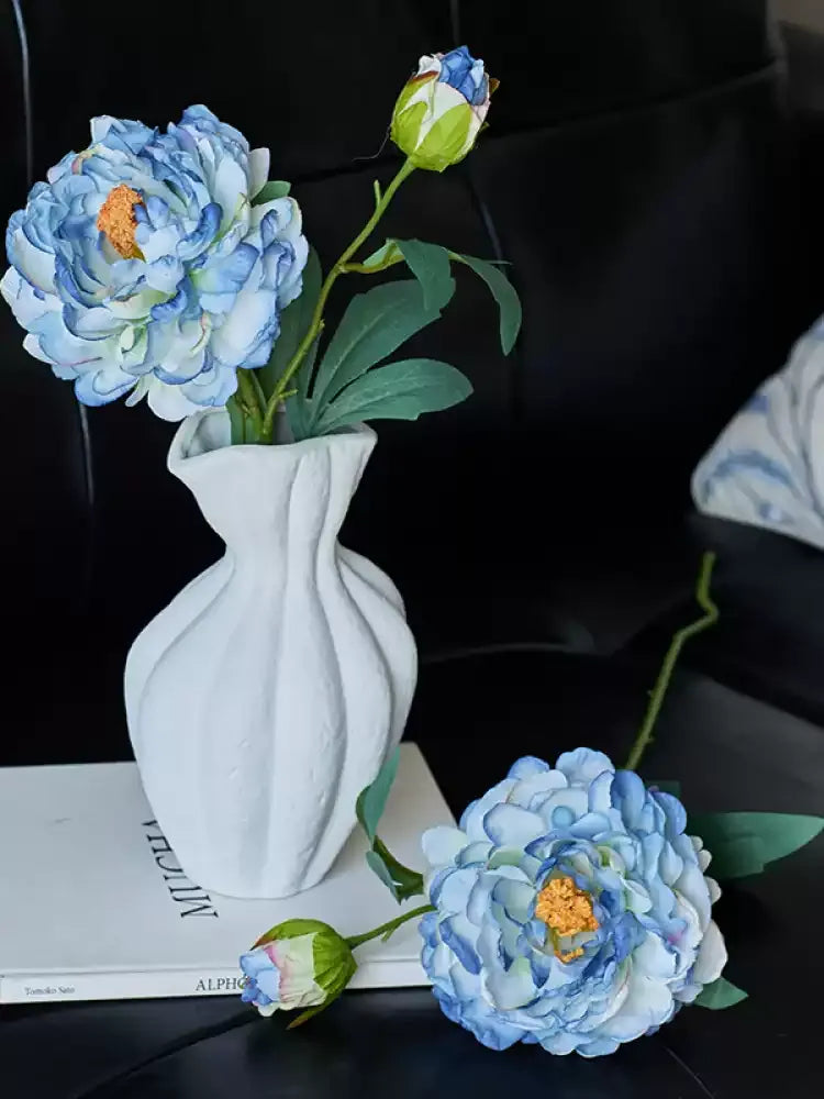 Vintage Peony Stem blue artificial flower stems (2) in white vase RusticReach 26-inch on Tampa Home & Garden Store