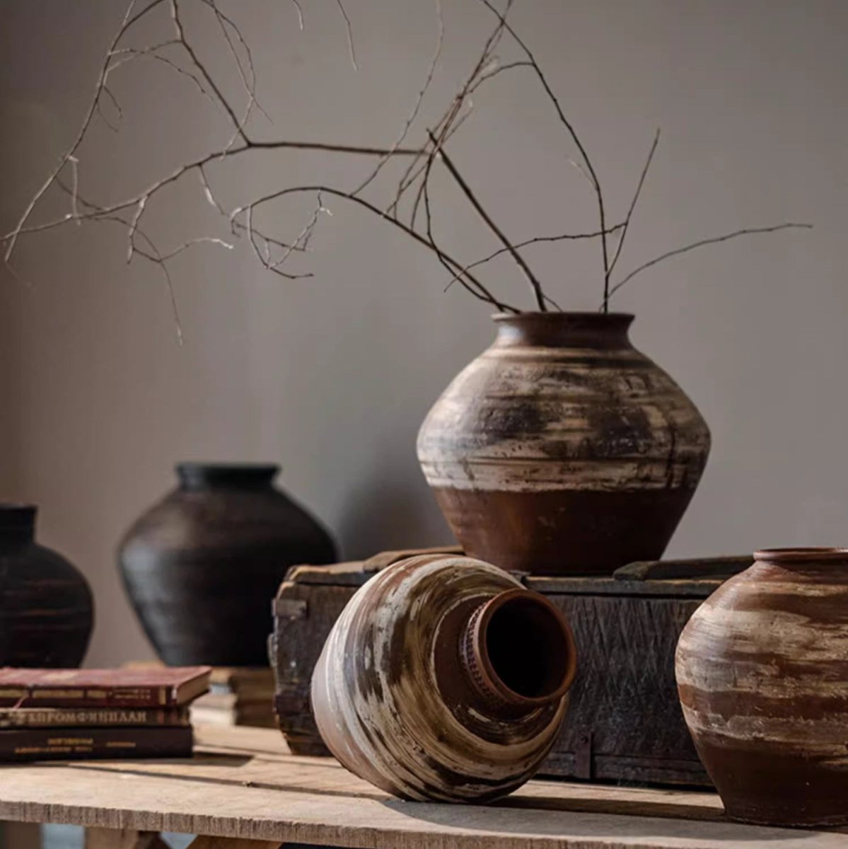 Vintage Wabi-Sabi ceramic jars by RusticReach in earthy brown glazes with a distressed finish on Tampa Home & Garden Store