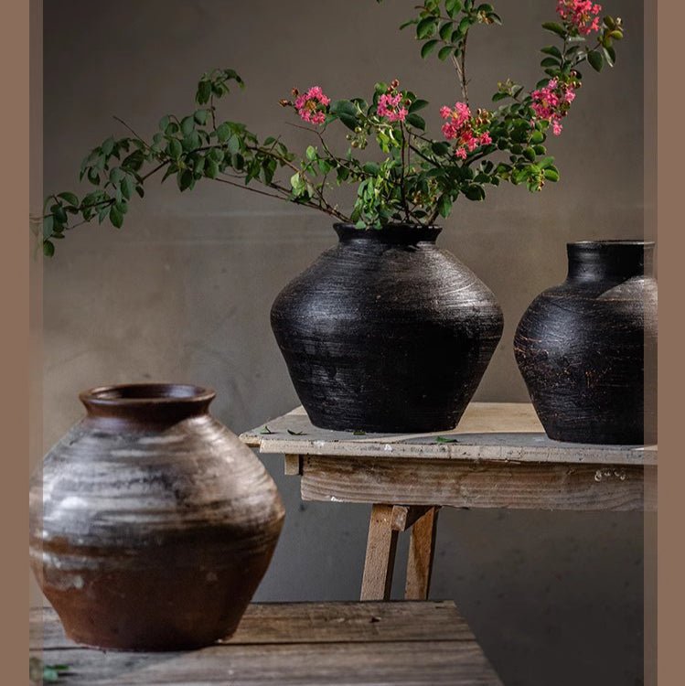 Vintage Wabi-Sabi Style Ceramic Jars set of 3 in dark matte glazes by RusticReach on Tampa Home & Garden Store