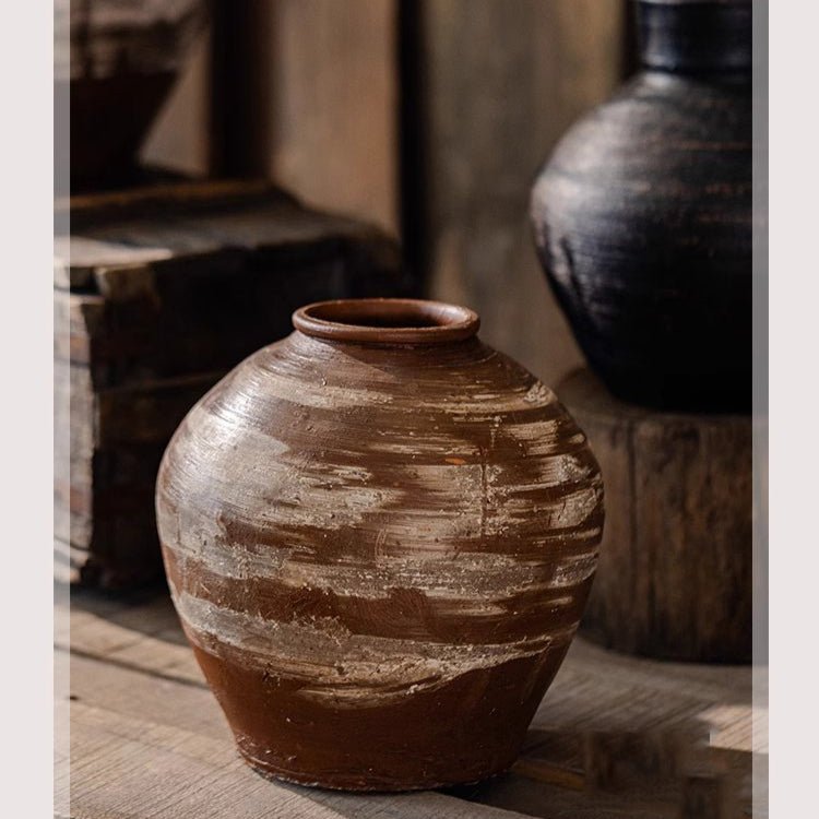 Vintage Wabi-Sabi ceramic jar by RusticReach with brown and beige brushed glaze on Tampa Home & Garden Store