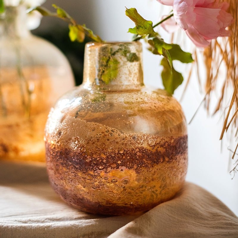 Hand Blown Bubble Glass Bud Vase Amber by RusticReach with textured speckled surface on Tampa Home & Garden Store