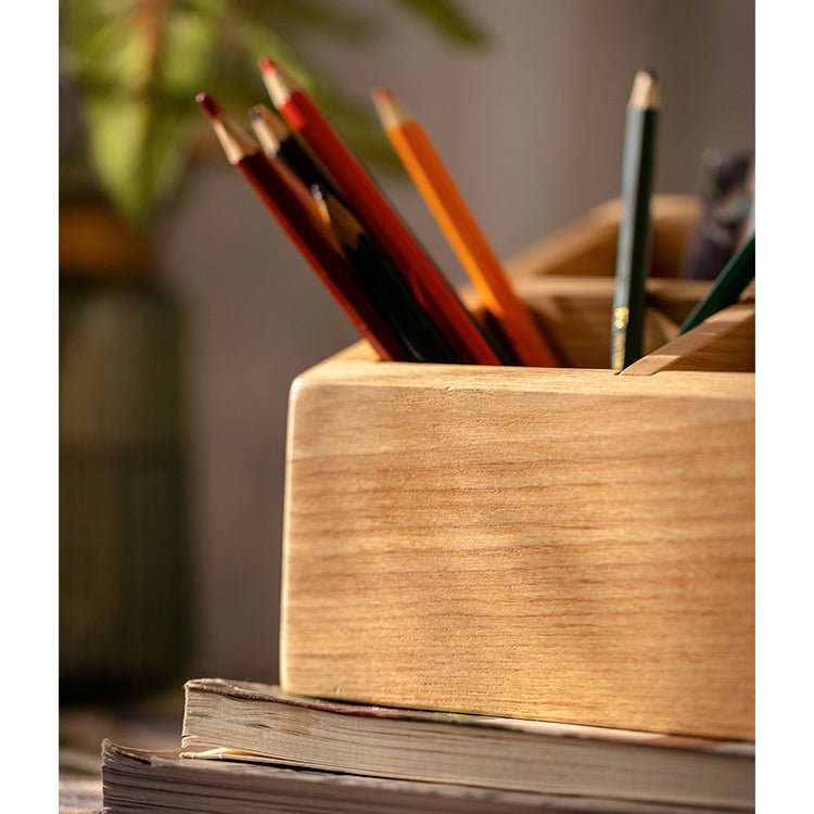 Solid wood desktop organizer by RusticReach, light wood pencil holder with pencils on Tampa Home & Garden Store