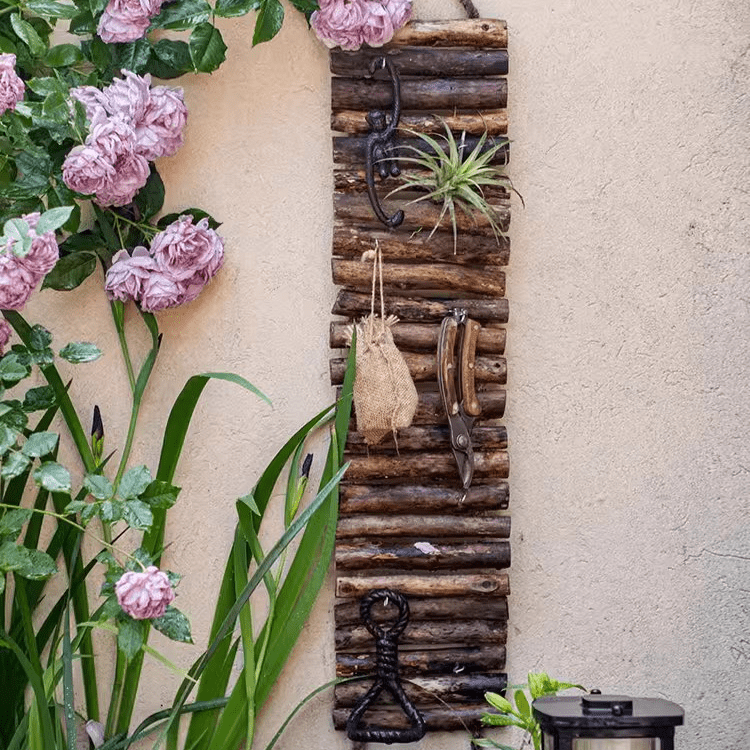 Rustic wood ladder wall decor tool organizer by RusticReach with metal hooks and burlap pouch on Tampa Home & Garden Store