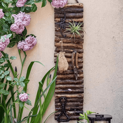 Rustic wood ladder wall decor tool organizer by RusticReach with metal hooks and burlap pouch on Tampa Home & Garden Store