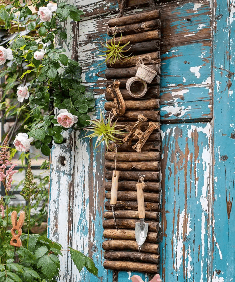 Rustic Wood Ladder Wall Decor Tool Organizer by RusticReach with trowel and air plants on Tampa Home & Garden Store