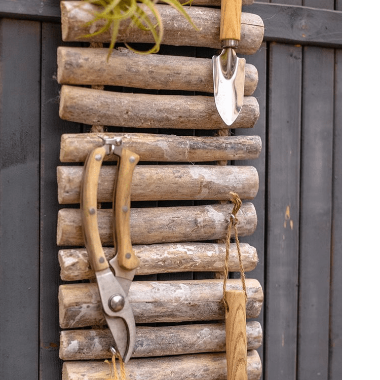Rustic Wood Ladder Tool Organizer with weathered ladder and hanging pruning shears on Tampa Home & Garden Store