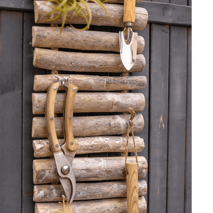 Rustic Wood Ladder Tool Organizer with weathered ladder and hanging pruning shears on Tampa Home & Garden Store