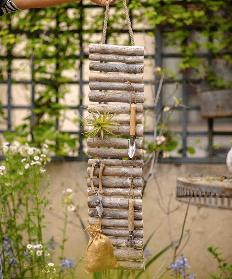 Rustic wood ladder wall decor tool organizer with weathered planks and rope hanger on Tampa Home & Garden Store