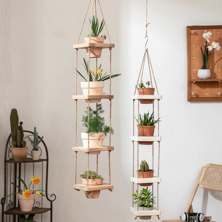 RusticReach wooden rope hanging plant shelves with potted planters, wood finish, two sets on Tampa Home & Garden Store