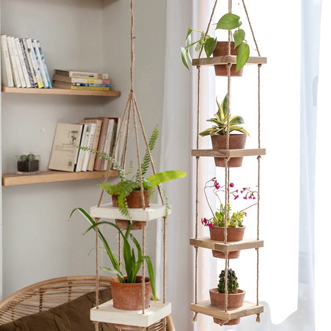 Wooden rope hanging plant shelf RusticReach natural wood with terracotta pots indoor planter on Tampa Home & Garden Store