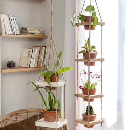 Wooden rope hanging plant shelf RusticReach natural wood with terracotta pots indoor planter on Tampa Home & Garden Store