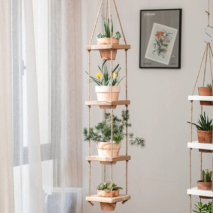 Wooden rope hanging plant shelf, four-tier natural wood with terracotta pots on jute rope on Tampa Home & Garden Store