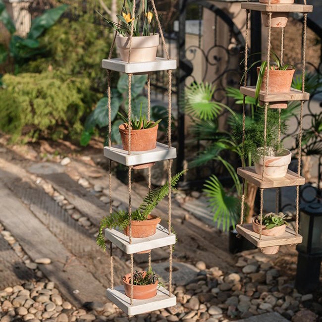Wooden Rope Hanging Plant Shelf pair by RusticReach with terracotta pots, two-tier on Tampa Home & Garden Store