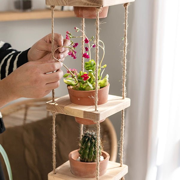 Wooden Rope Hanging Plant Shelf with terracotta pots, succulents and cactus by RusticReach on Tampa Home & Garden Store