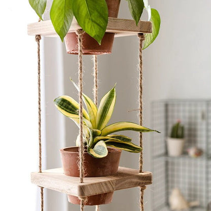 Natural wood rope hanging plant shelf two-tier with terracotta pots and leafy plants RusticReach on Tampa Home & Garden Store