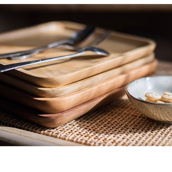 Natural Wood Plate Serving Tray set of four stacked with tongs resting on top on Tampa Home & Garden Store