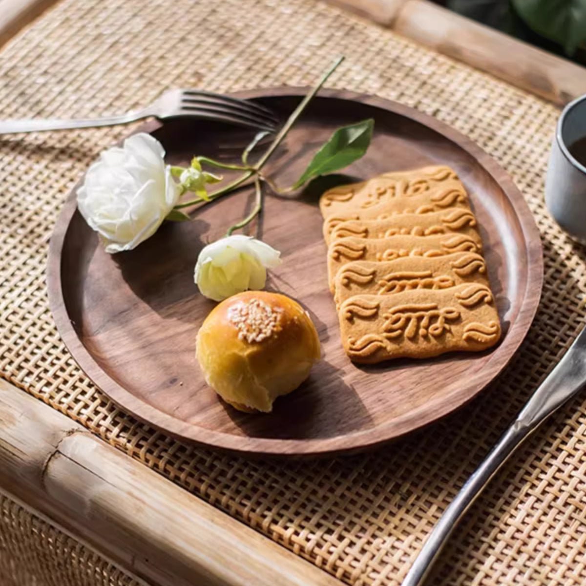 Natural wood plate serving tray with white roses, cookies, and a bread roll by RusticReach on Tampa Home & Garden Store