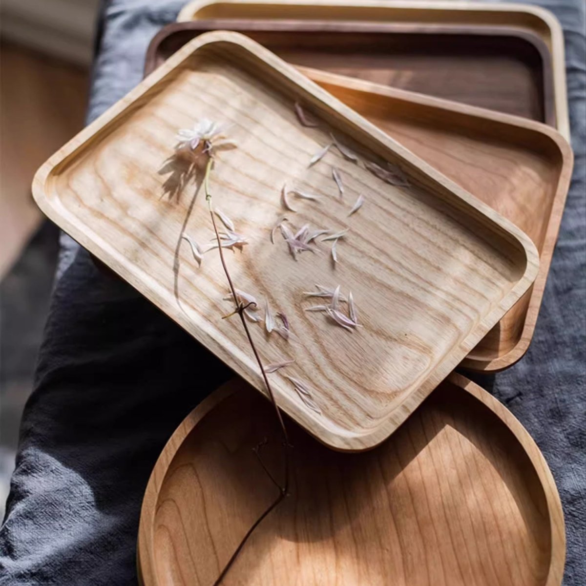 Natural Wood Plate Serving Tray set by RusticReach, rectangular with rounded corners, light wood grain on Tampa Home & Garden Store