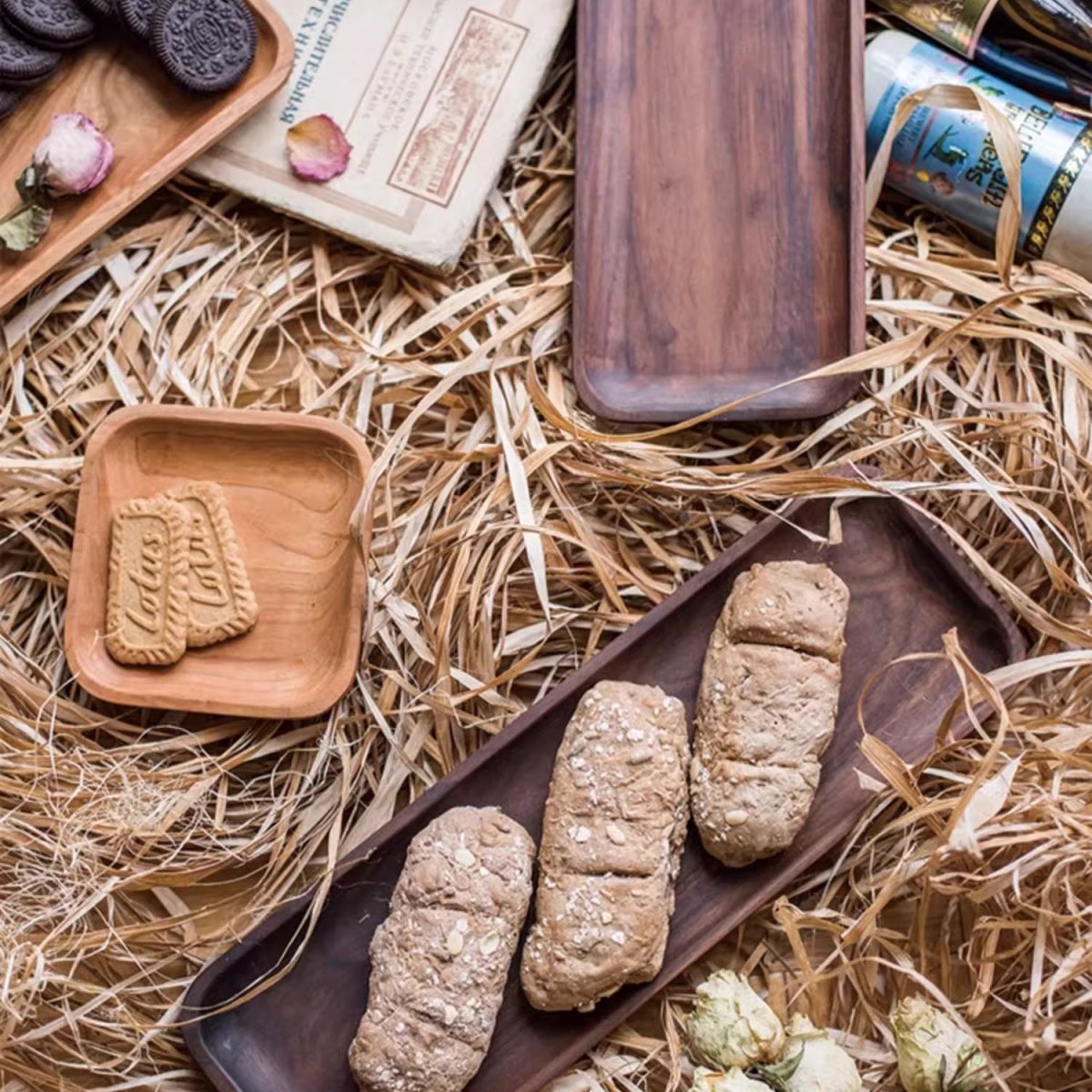 Solid Wood Snack Plate by RusticReach rectangular tray with sesame bread loaves on straw on Tampa Home & Garden Store