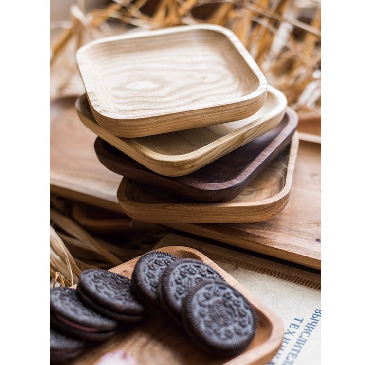 Solid Wood Snack Plates stack of five in light to dark finishes RusticReach serving trays on Tampa Home & Garden Store