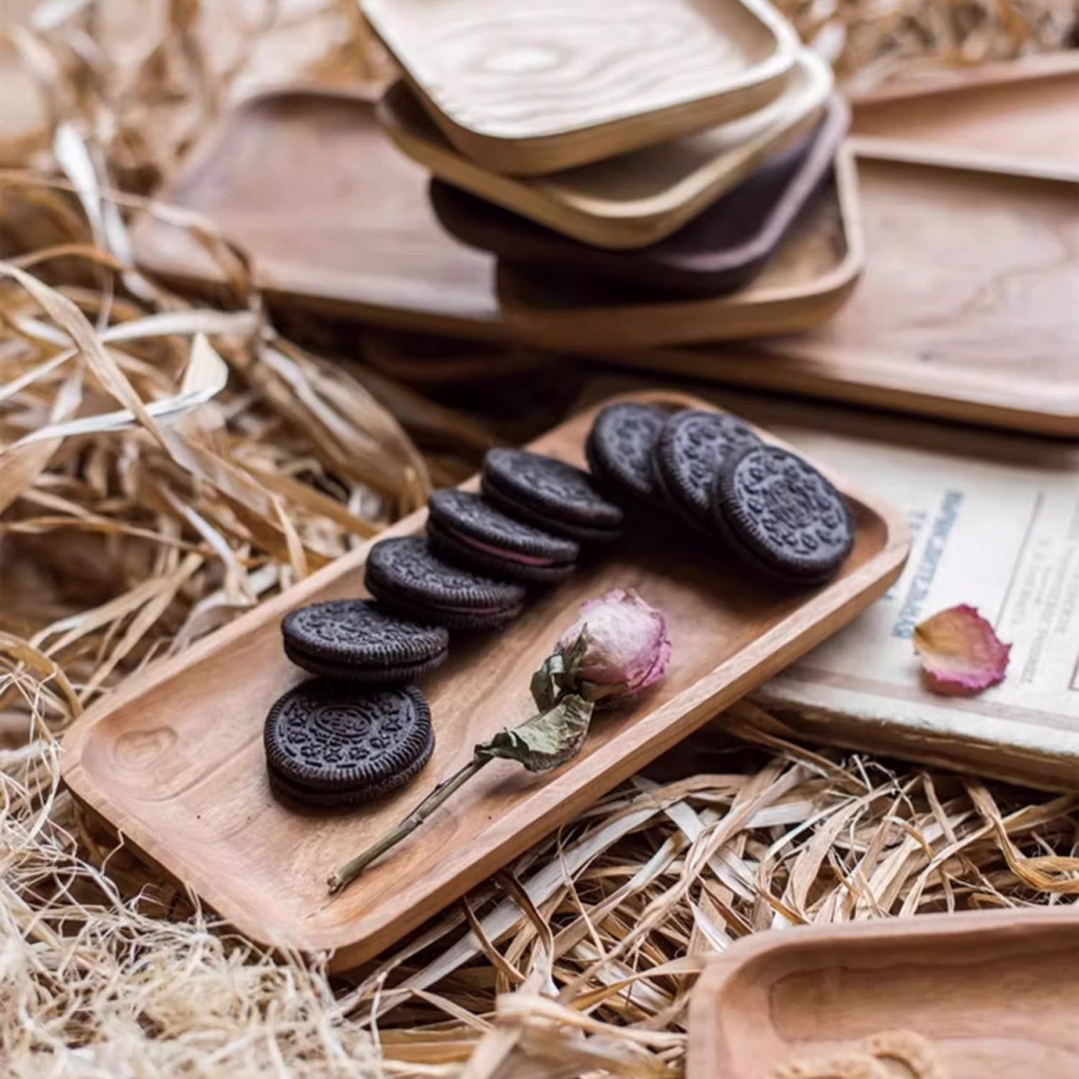 Solid Wood Snack Plate RusticReach with eight cookies and a dried rose on a natural wood tray on Tampa Home & Garden Store