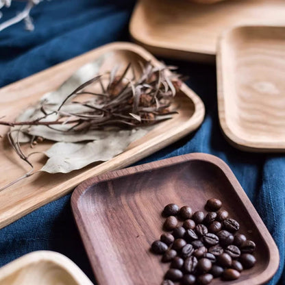 Solid wood snack plate set by RusticReach; light and dark wood serving trays with coffee beans on Tampa Home & Garden Store