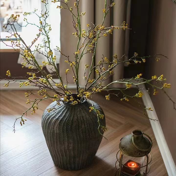 Long Weigela Flower Stem 63 in tall with yellow blooms in a ribbed dark vase on Tampa Home & Garden Store