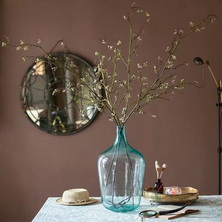 Long Weigela Flower Stem 63in Tall RusticReach in a teal glass vase with white blossoms on Tampa Home & Garden Store