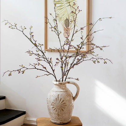 Long Weigela Flower Stem 63 in tall in RusticReach ceramic pitcher vase with pattern on Tampa Home & Garden Store