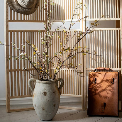 Long Weigela Flower Stem 63-inch tall in a rustic ceramic vase with white and yellow blossoms on Tampa Home & Garden Store