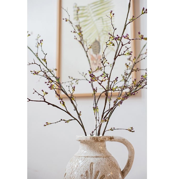 Long Weigela flower stems 63-inch tall in a beige ceramic pitcher with pink blossoms RusticReach on Tampa Home & Garden Store