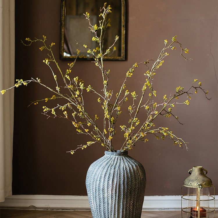 Long Weigela flower stem in blue-gray ribbed vase with yellow blossoms RusticReach on Tampa Home & Garden Store