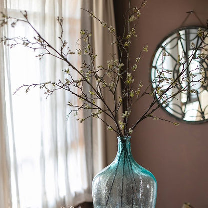 Long Weigela Flower Stem 63 in tall with branches and white blossoms in teal glass vase on Tampa Home & Garden Store