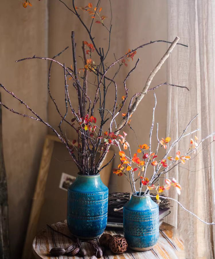 Whitewashed Twig Decorative Branch in turquoise ceramic vases with orange leaves RusticReach on Tampa Home & Garden Store