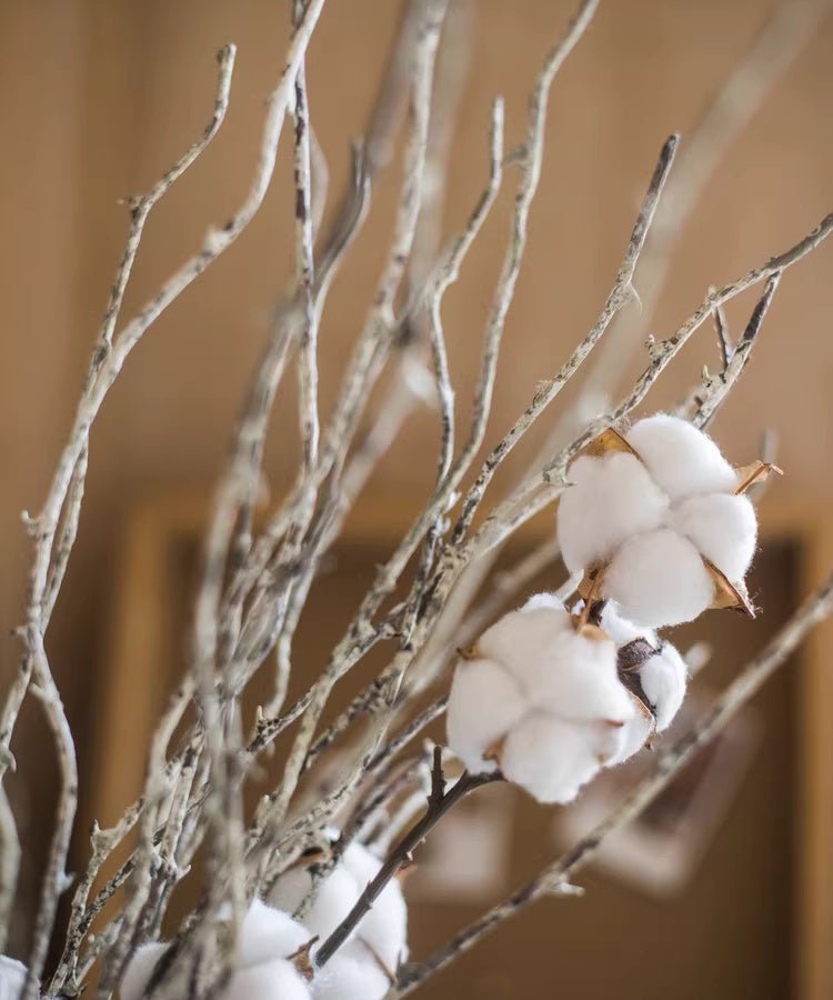 Whitewashed twig branch with cotton clusters, RusticReach artificial plant 22in tall on Tampa Home & Garden Store