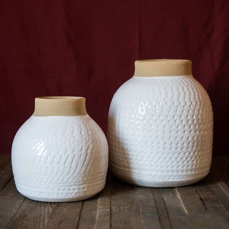 White glazed ceramic flower vases set of 2 with textured surface RusticReach on Tampa Home & Garden Store