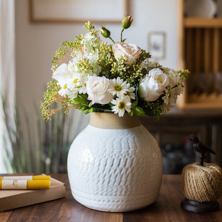 White glazed ceramic vase by RusticReach, holding a bouquet of white roses and daisies on Tampa Home & Garden Store
