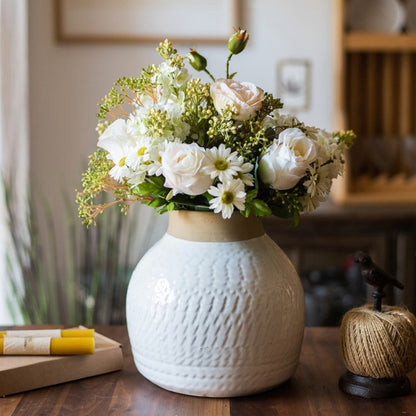 White glazed ceramic vase by RusticReach, holding a bouquet of white roses and daisies on Tampa Home & Garden Store