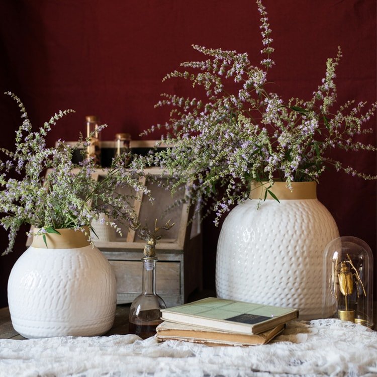 White glazed ceramic flower vase pair with textured finish by RusticReach on Tampa Home & Garden Store