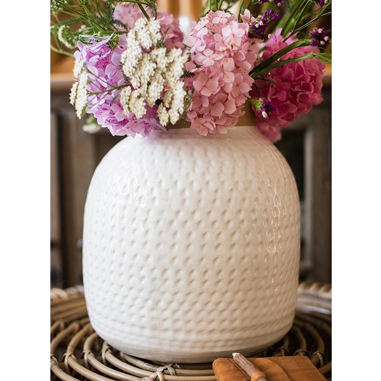 White glazed ceramic vase with dimpled texture RusticReach pink hydrangea bouquet on Tampa Home & Garden Store