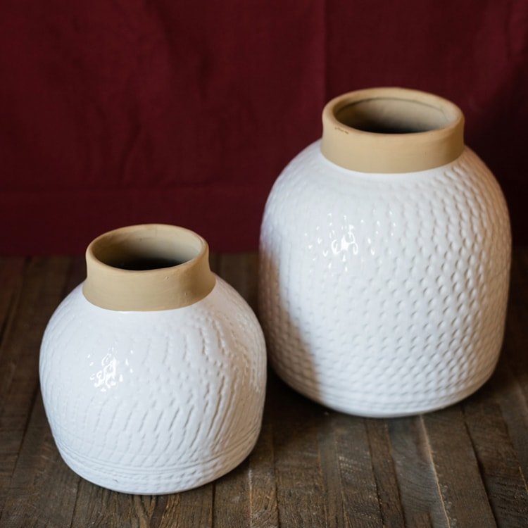 White glazed ceramic flower vase pair with beige neck collar and textured surface on Tampa Home & Garden Store