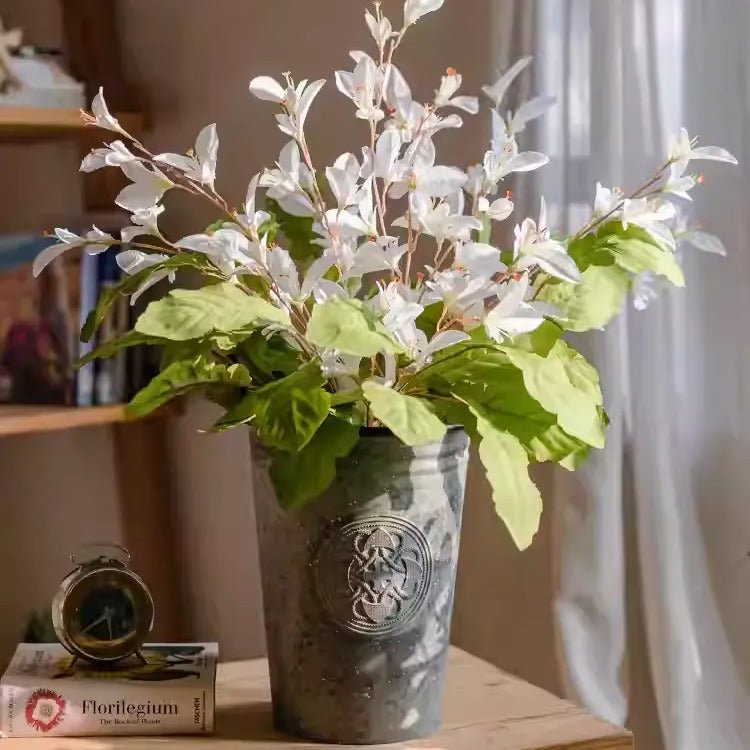 Wild Garden Greenery Bunch 22in artificial greenery in gray galvanized pot with white leaves on Tampa Home & Garden Store