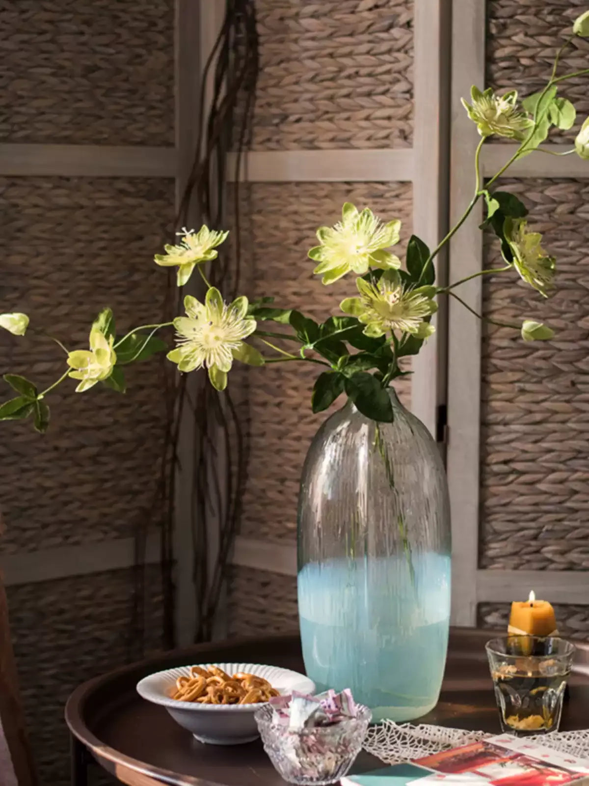 Wildflower Vine Stem 33in, artificial plant with pale yellow-green blossoms in a blue vase on Tampa Home & Garden Store