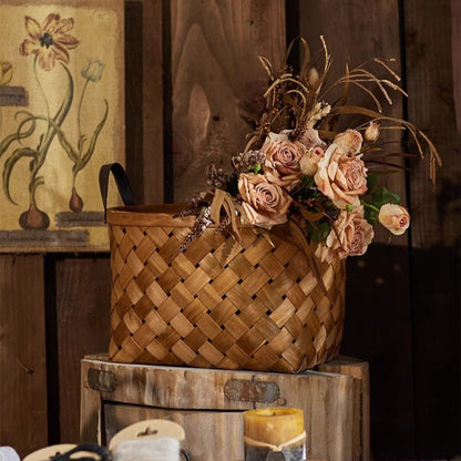 Rustic Handwoven Woodchip Basket by RusticReach, brown wicker with pink rose bouquet on Tampa Home & Garden Store