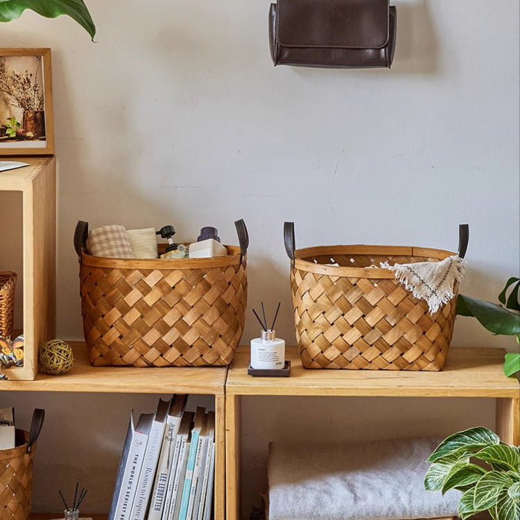 RusticReach Rustic Handwoven Woodchip Baskets, natural brown with leather handles, 2-pack on Tampa Home & Garden Store