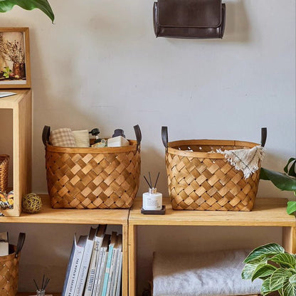 RusticReach Rustic Handwoven Woodchip Baskets, natural brown with leather handles, 2-pack on Tampa Home & Garden Store