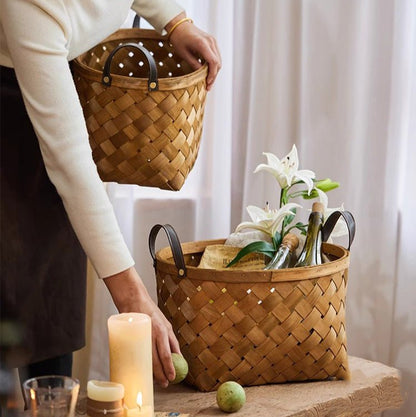 Rustic Handwoven Woodchip Basket by RusticReach, brown woven basket pair with bottle and lilies on Tampa Home & Garden Store