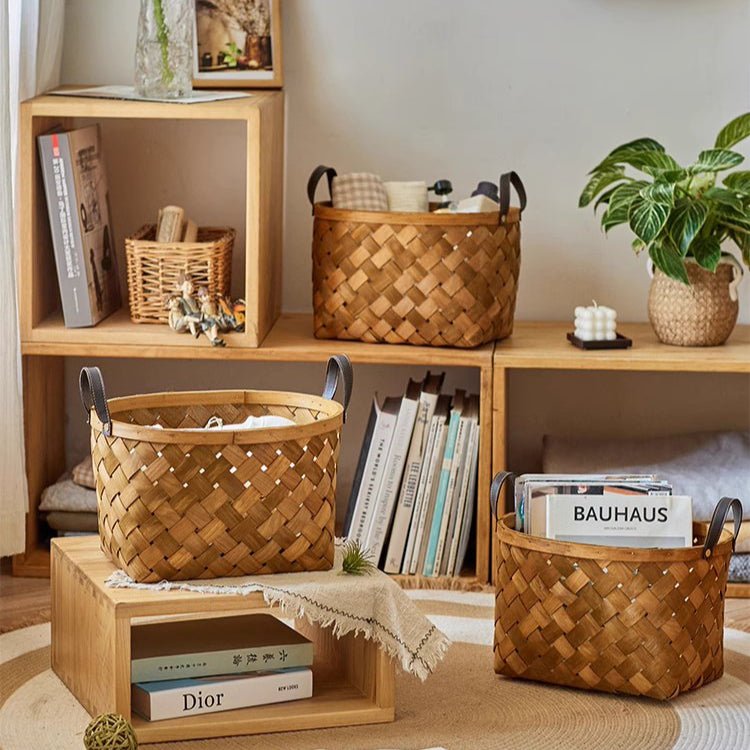 Rustic Handwoven Woodchip Basket set of 3 with leather handles in brown tones by RusticReach on Tampa Home & Garden Store