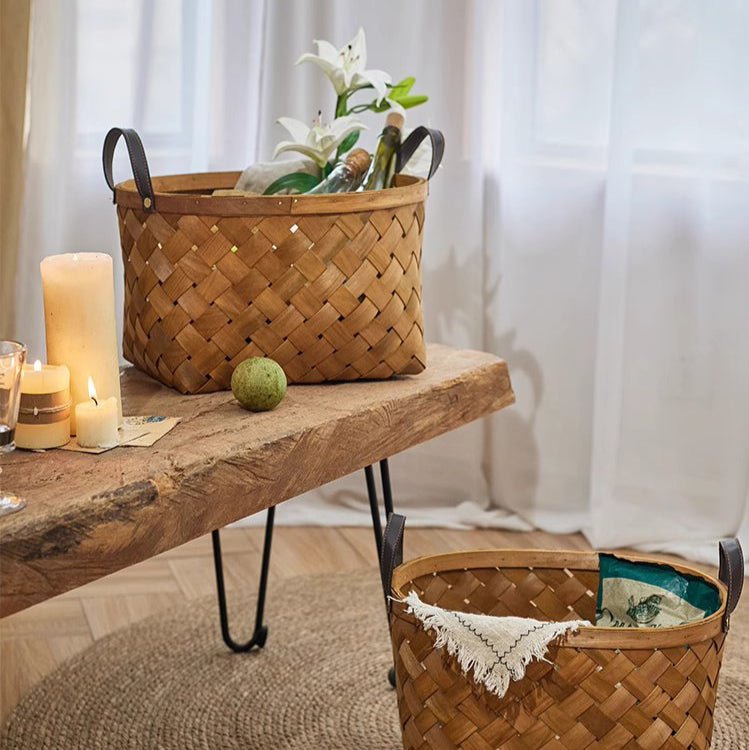 Rustic Handwoven Woodchip Basket pair, brown woven with leather handles on Tampa Home & Garden Store