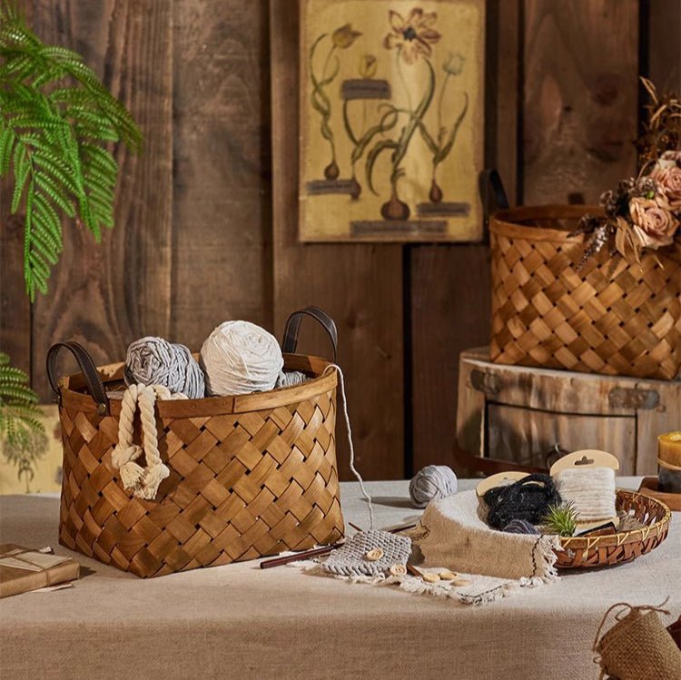 Rustic Handwoven Woodchip Basket by RusticReach, natural wood with rope handles, yarns and craft supplies, set of 2 on Tampa Home & Garden Store